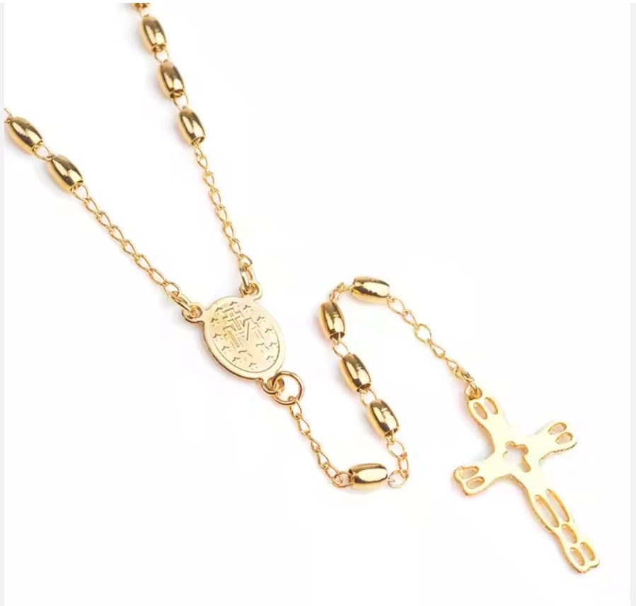 Gold Plated Rosary – Oval Beads with Miraculous Medal Center