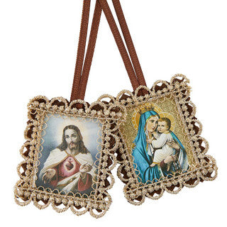 Gold Scallop Border Brown Scapular – Sacred Heart of Jesus &amp; Our Lady of Mount Carmel