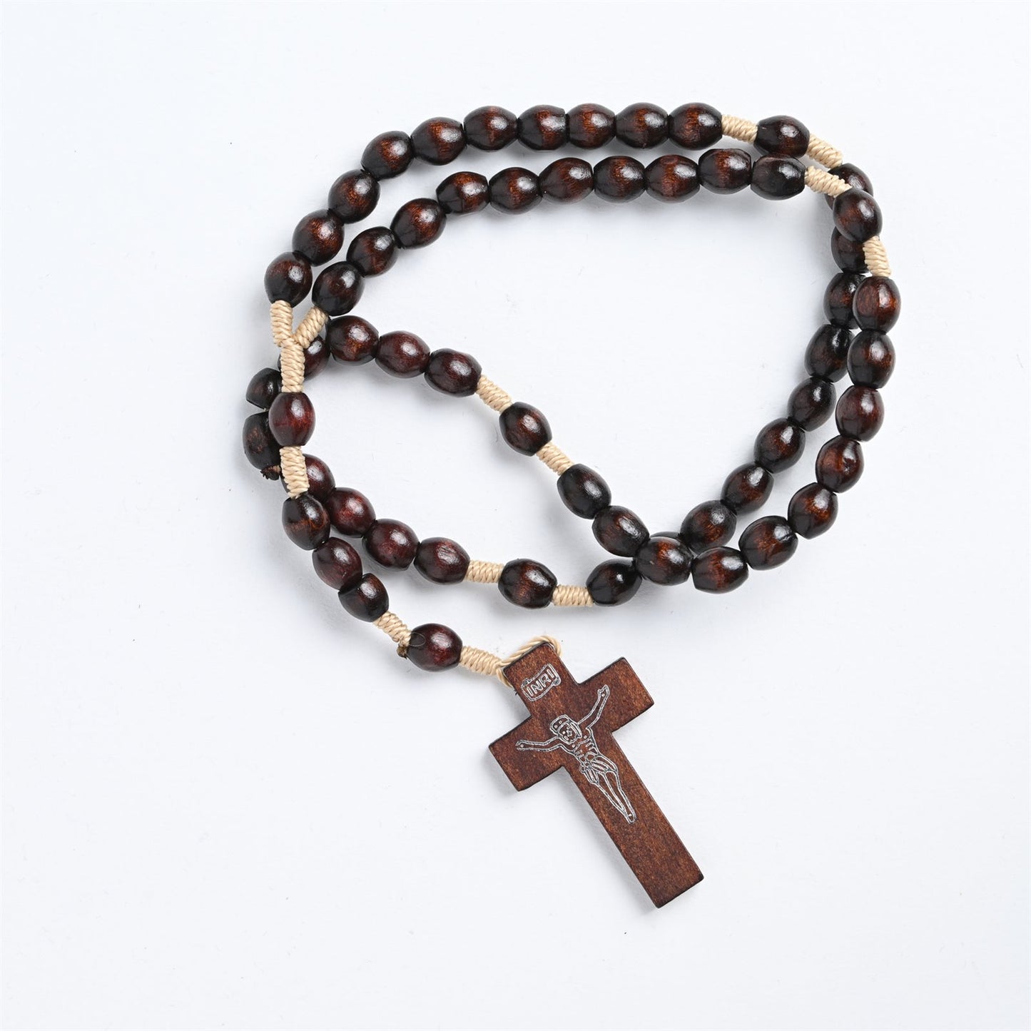 Traditional Brown Wood Beaded Rosary with Corded String &amp; Small Wooden Crucifix