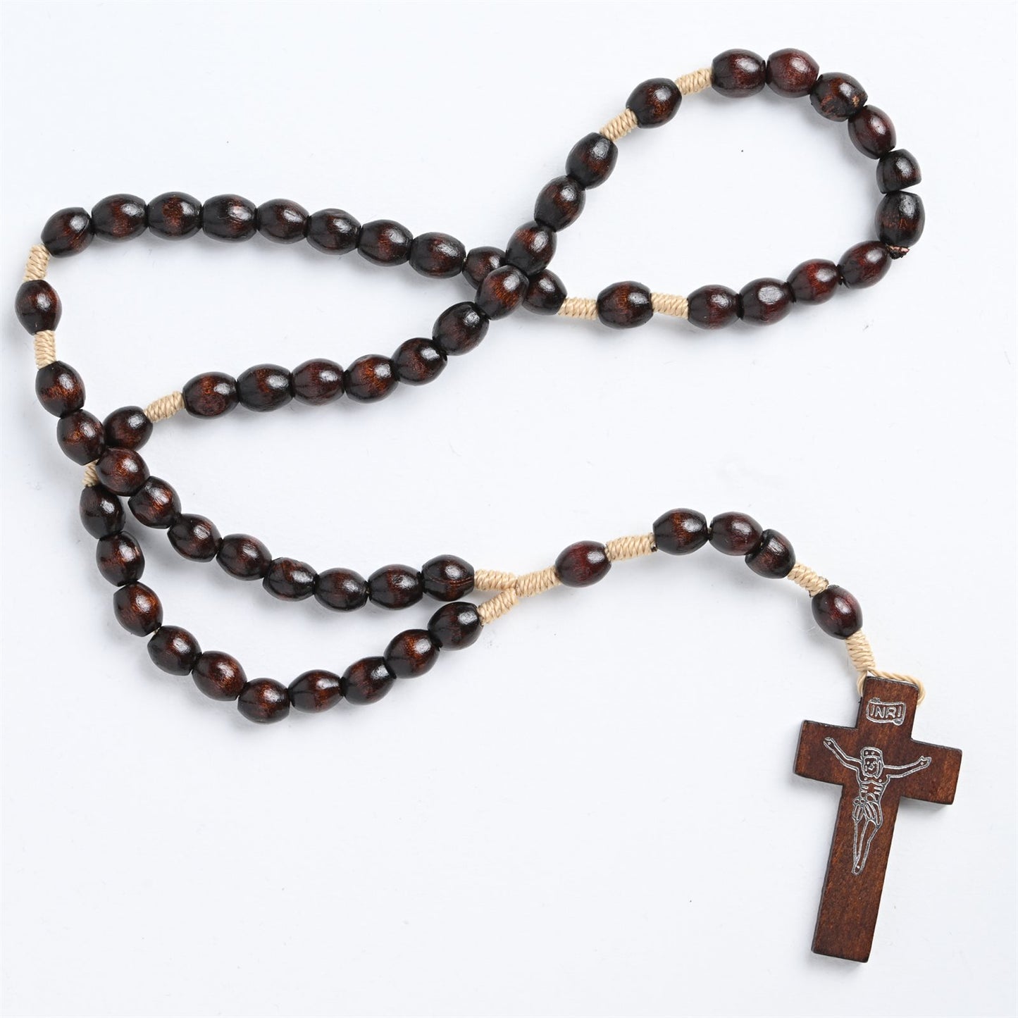 Traditional Brown Wood Beaded Rosary with Corded String &amp; Small Wooden Crucifix