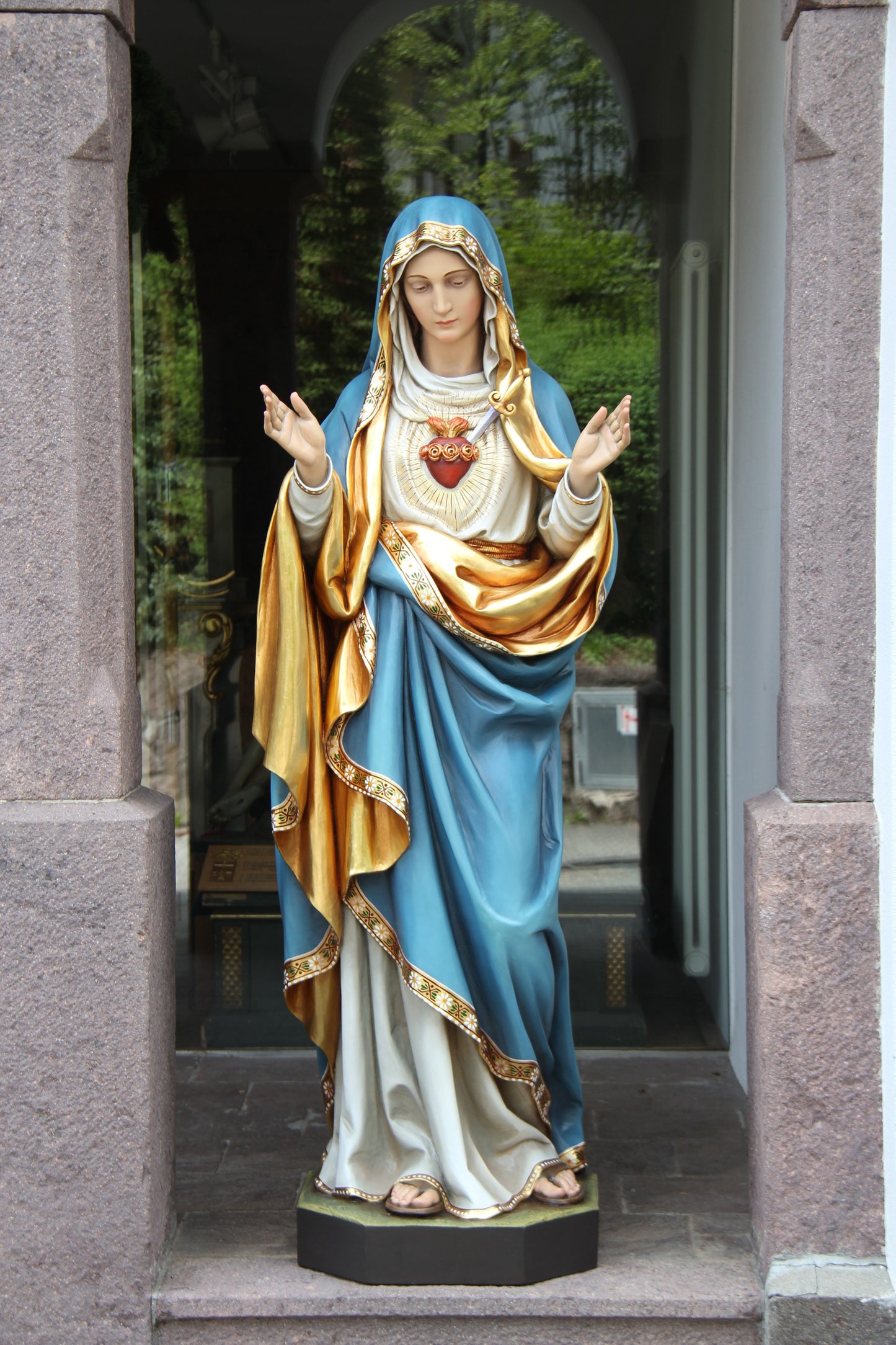 Immaculate Heart of Mary Statue - Custom Carved Wooden Figurine with Crystal Eyes & Gold Leaf Decoration