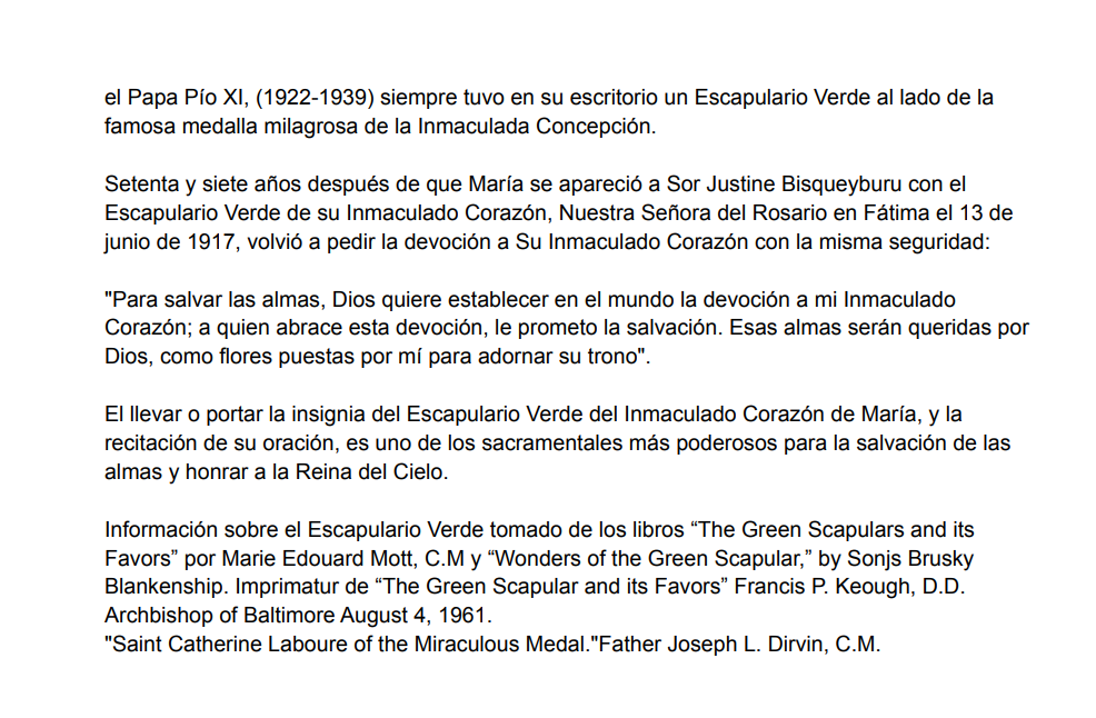 El Escapulario Verde de la Inmaculada Concepción (Green Scapular in Spanish)