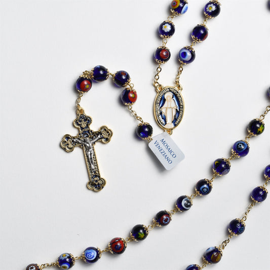 Venetian Glass Rosary with Brilliant Blue and Gold-Trimmed Crucifix and Miraculous Medal Center
