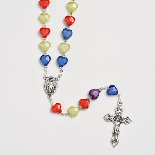 Multi-Coloured Heart-Shaped Rosary with Miraculous Medal Center in Latin