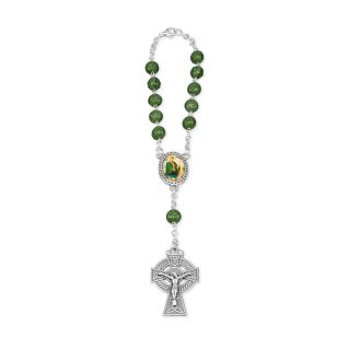 6mm Round Glass Shamrock Bead Auto Rosary with Celtic Crucifix