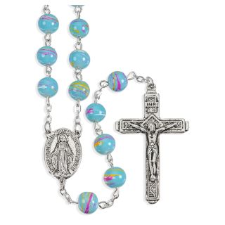 Aqua Swirl Glass Bead Rosary - Handcrafted Italian Design