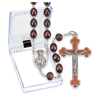 Brown Oval Wood Bead Rosary, Boxed