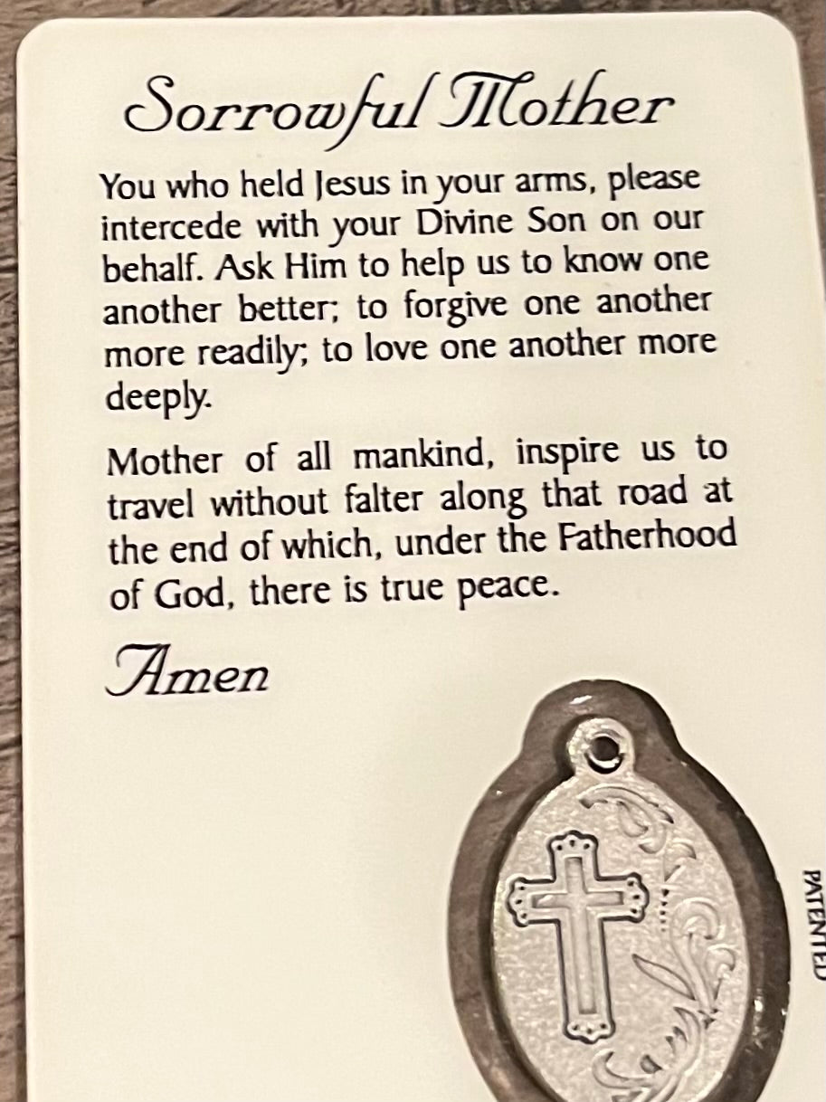 Sorrowful Mother Prayer Card and Silver Medal