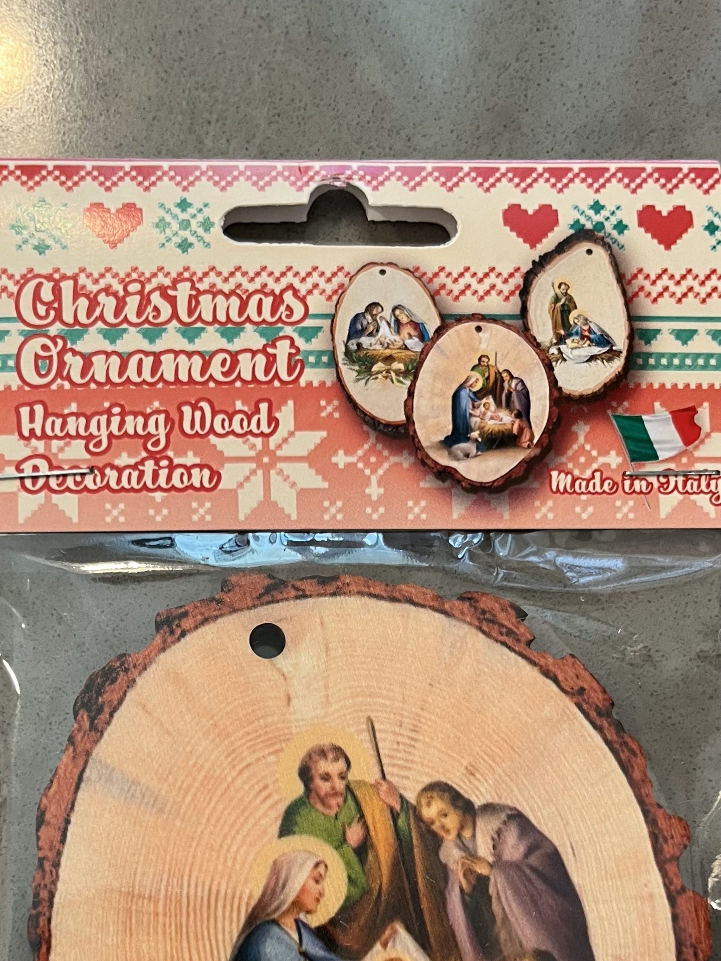 3 and 1/2" by 3 and 1/2" Round Wooden Nativity Scene Christmas Ornament.  Gold Stamped and Made In Italy