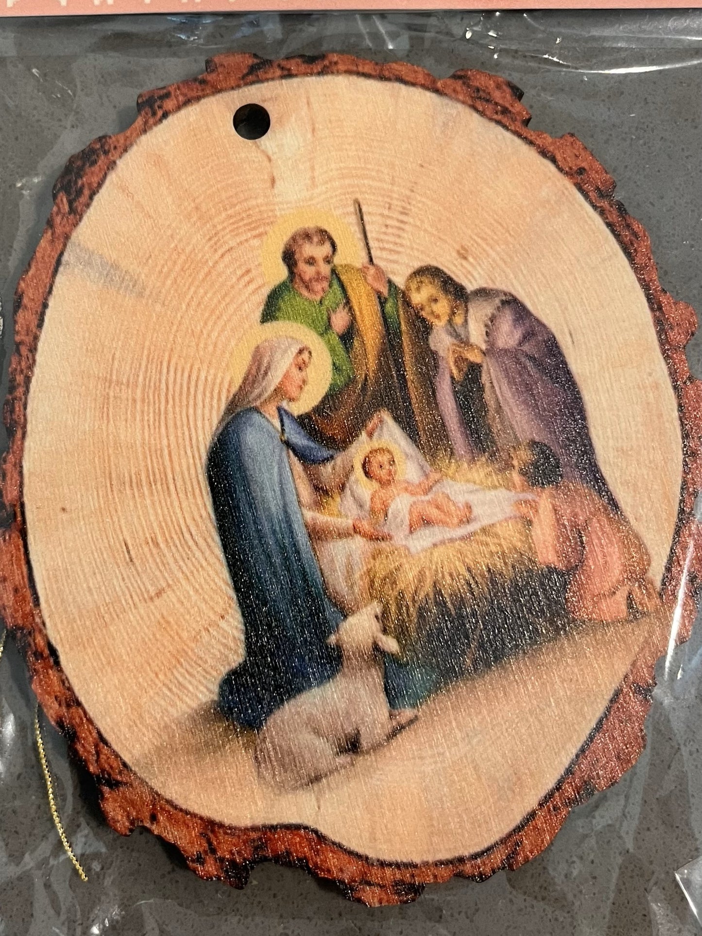 3 and 1/2" by 3 and 1/2" Round Wooden Nativity Scene Christmas Ornament.  Gold Stamped and Made In Italy