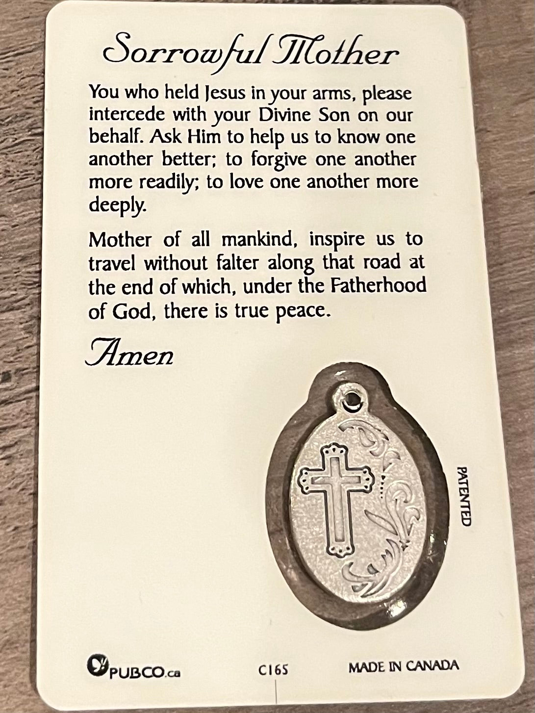 Sorrowful Mother Prayer Card and Silver Medal